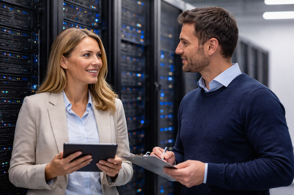 Man and woman in a data centre discussing channel partner support requirements