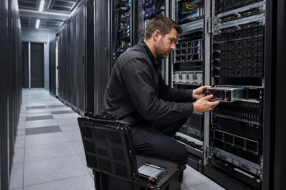Field engineer replacing enterprise server hardware during an IT maintenance call